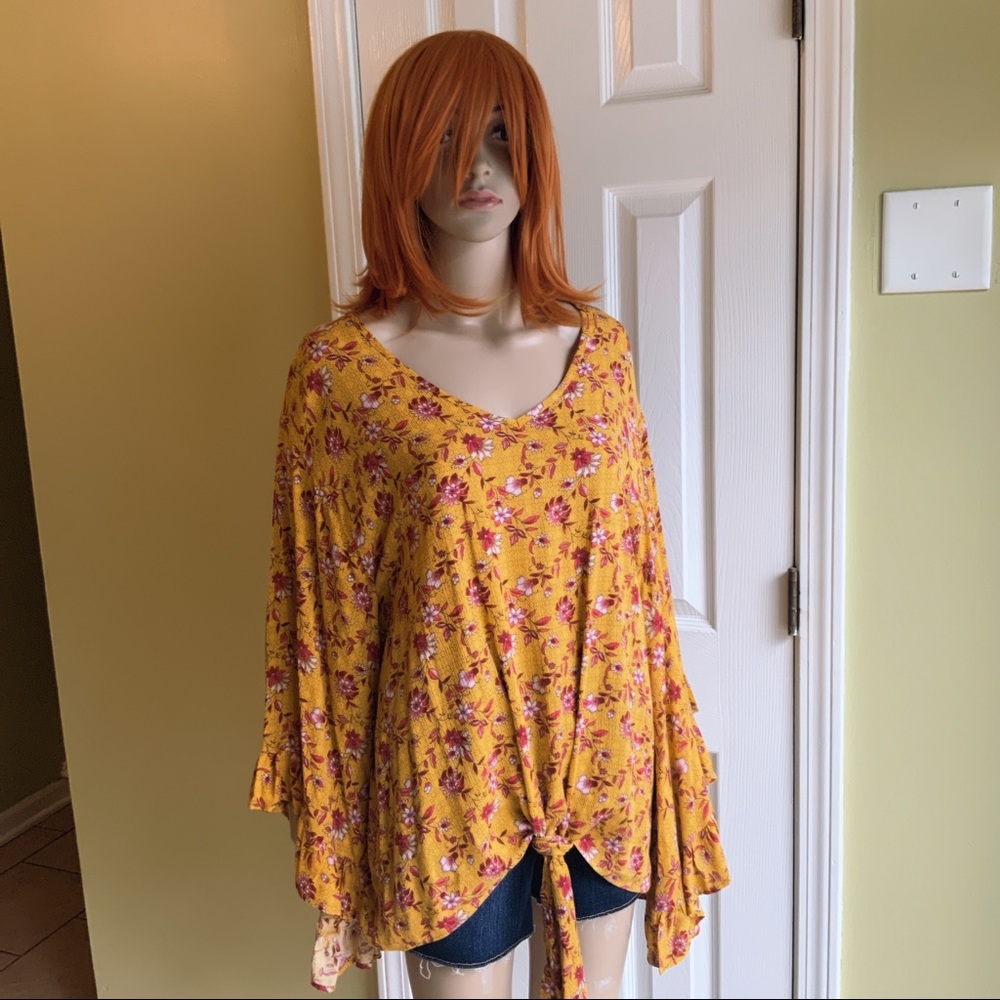 HPx2 Mustard Red Floral Tunic Relaxed Fit Ruffle Butterfly Sleeves Tie Waist SML - Picture 10 of 16